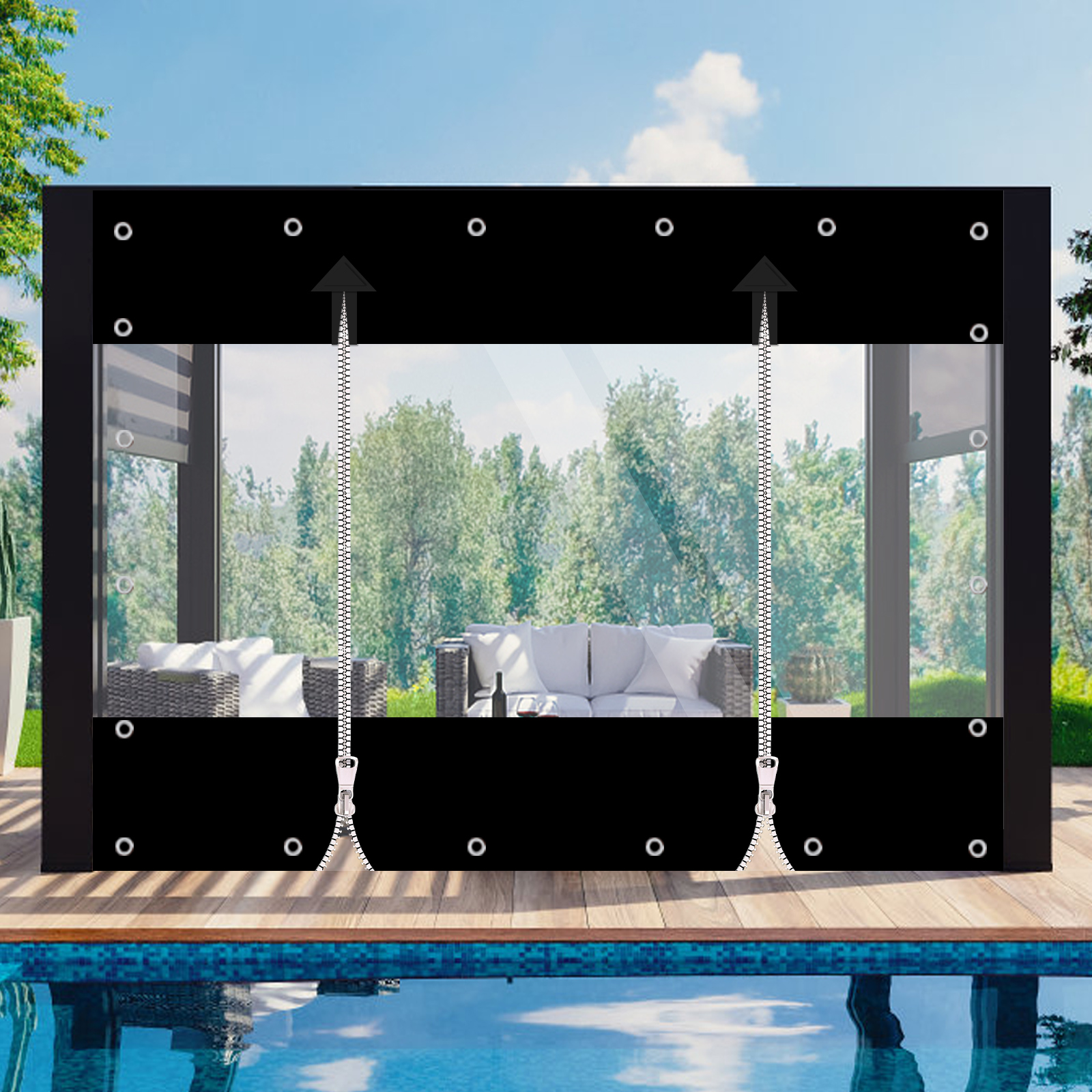 PVC-Plane mit zwei Reißverschlüssen, verdickt, 0,55 mm, 650 g/m2, wasserdichte Plane, Vinyl-Außenvorhänge für Terrasse, Pergola, Pavillon, Veranda