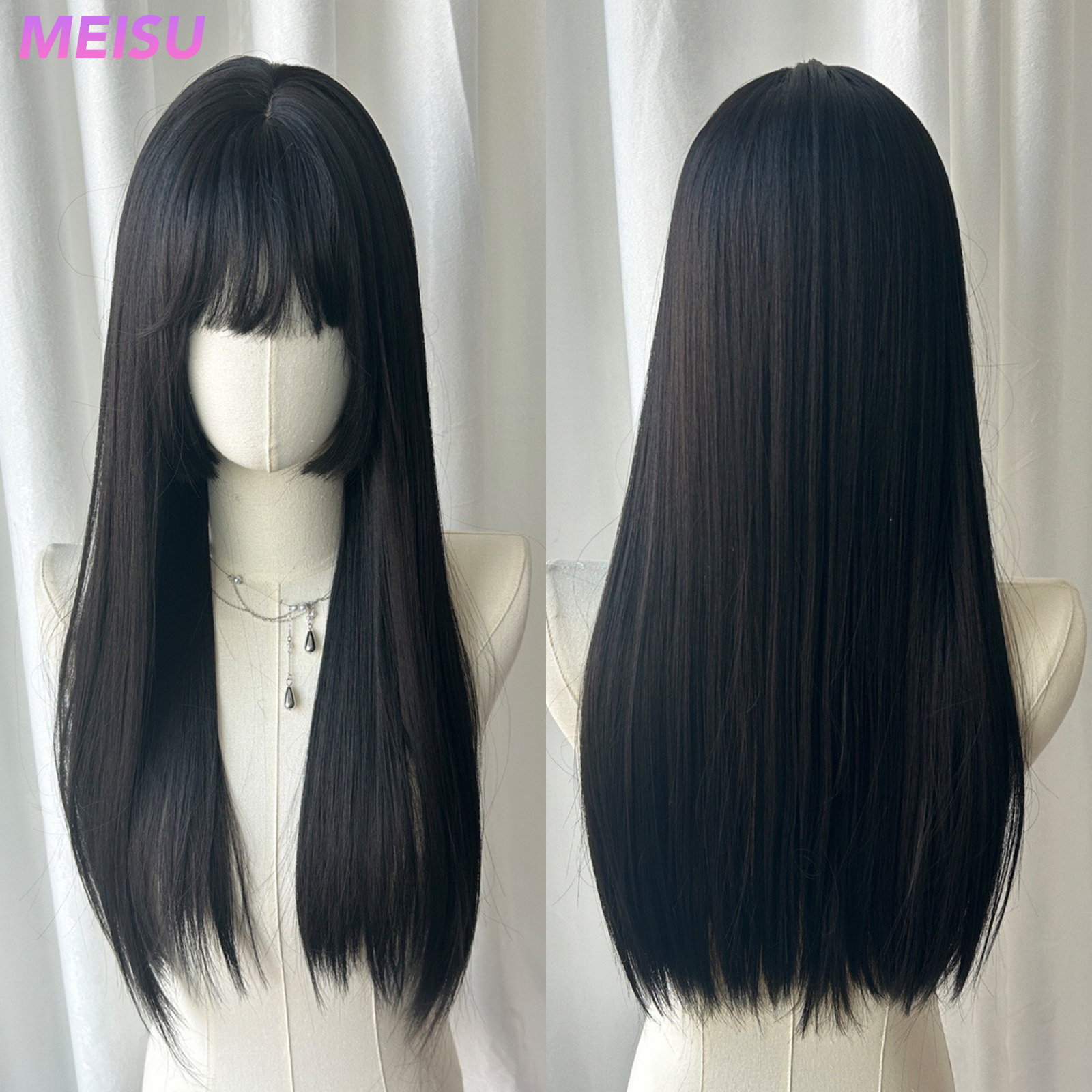 MEISU 24 Inch Black Straight Synthetic Wig  Heat-Resistant Natural Smooth Hair Stylish Party Wigs For Women
