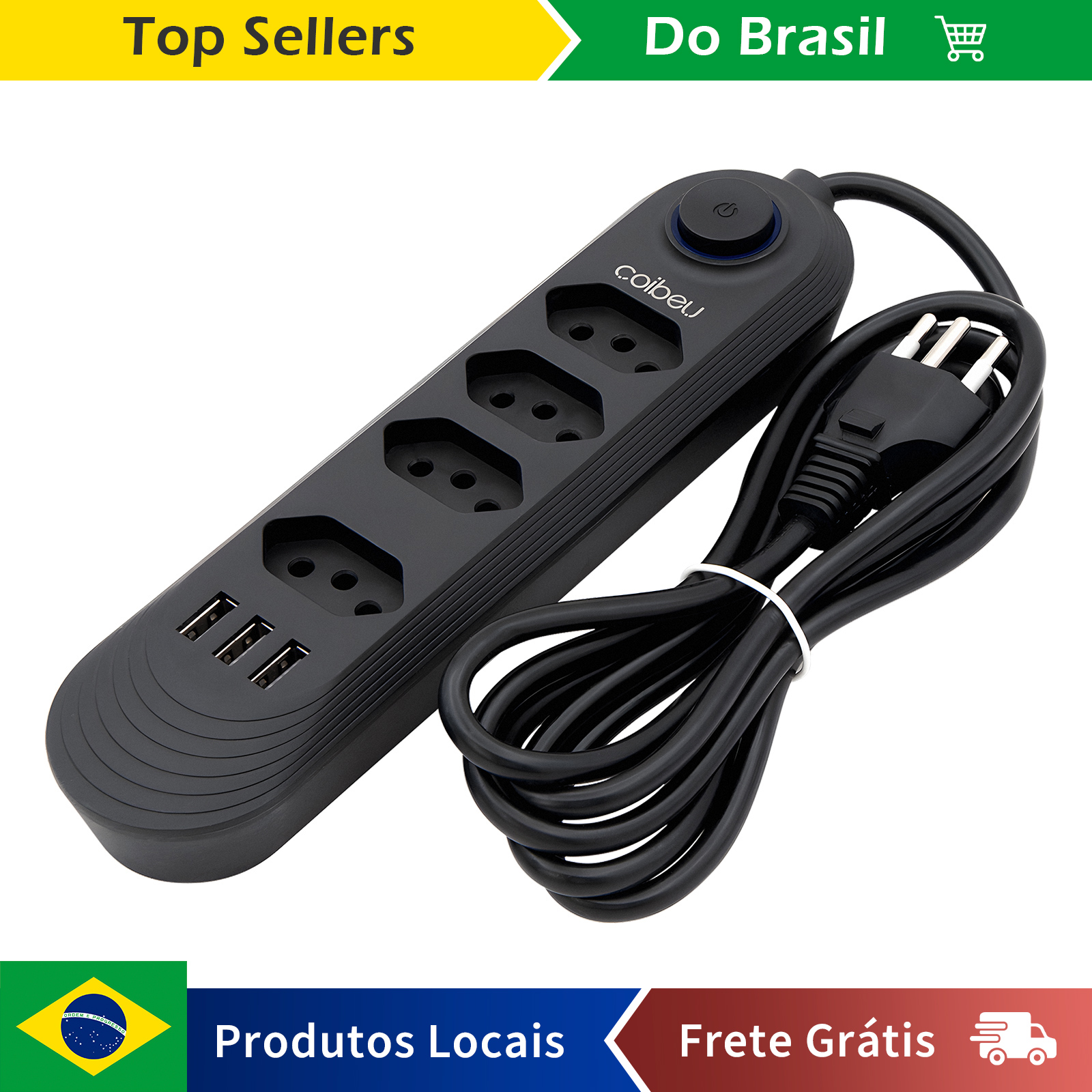 Stop Kontak Ekstensi Listrik 110-220V 10A 2M 2500W dengan Soket USB, Steker Brazil, dan Steker Air, Soket Daya Eudy