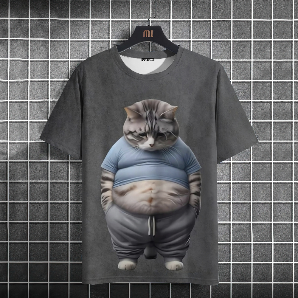 Camiseta divertida para hombre, camisetas con estampado de gato gordo Animal, camiseta informal holgada de manga corta, ropa de gran tamaño para hombre, Tops, ropa de calle de verano