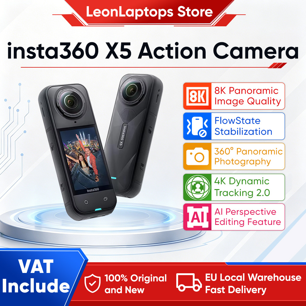Câmera de ação insta360 X5 8K à prova d'água 49 pés 360 com sensores de 1/1,28 "48MP 8K 360 HDR Vídeo 72MP 5nm AI Chip 185Min de vida útil da bateria