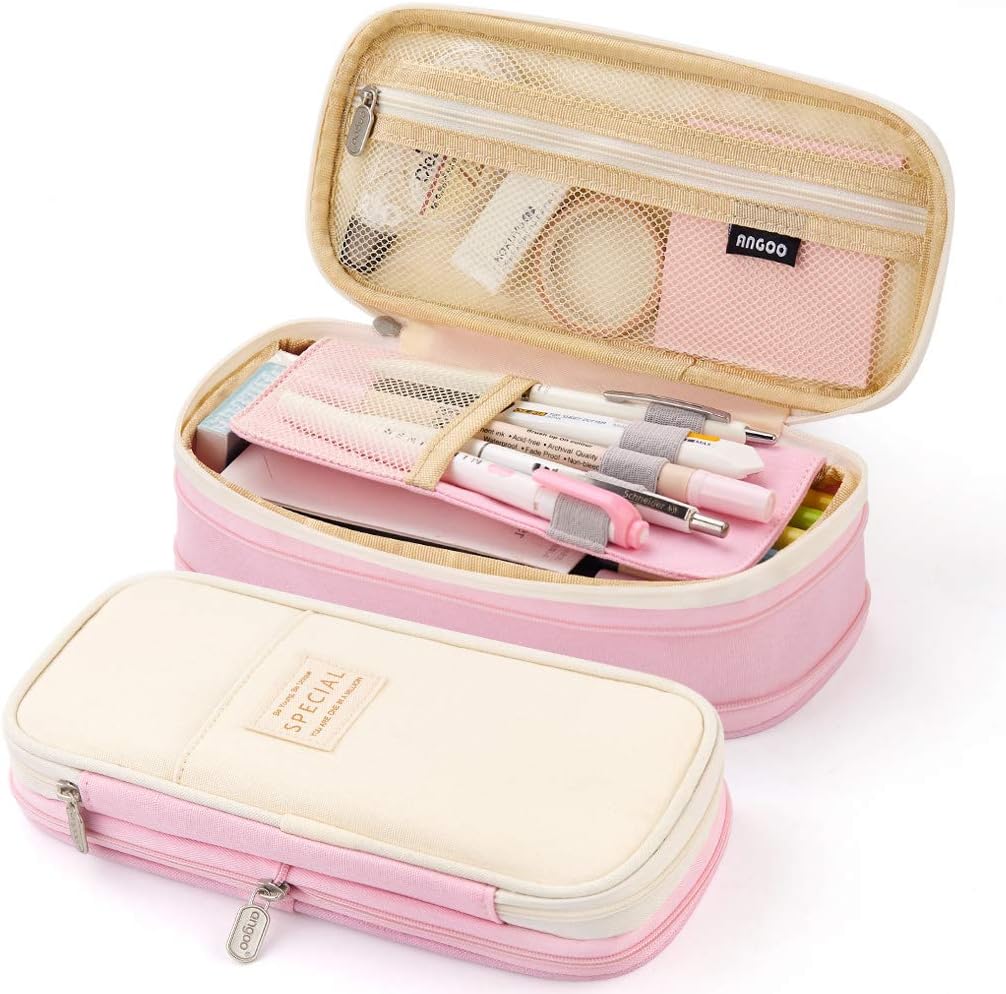 Large Capacity Pencil Case Organizer with Mesh Bag, Foldable Design for School Office Storage in Blue or Pink