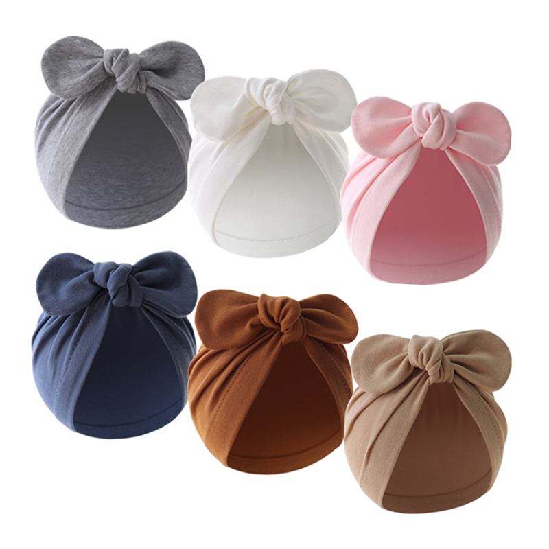 Bonito orelhas de coelho bebê turbante chapéu cor sólida infantil gorro para meninas meninos algodão macio boné indiano criança bonnet headwrap