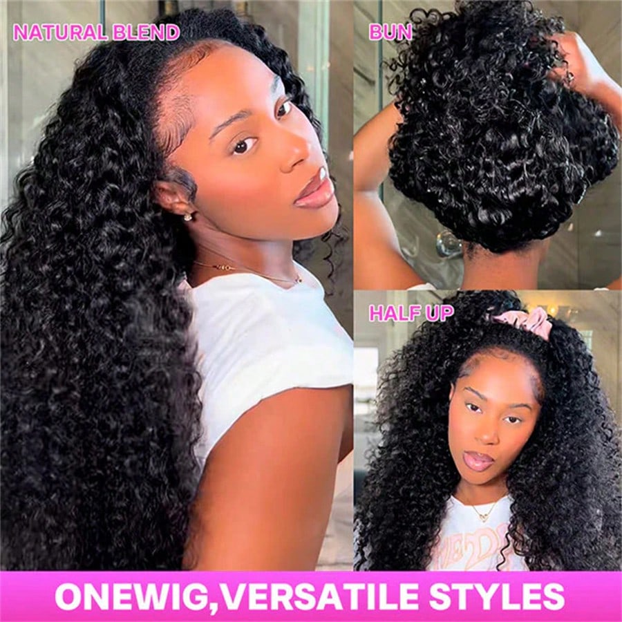 Peluca de cabello humano rizado de 28 pulgadas con diadema, 3 en 1, multifuncional, estilo Jerry Curly, sin pegamento, media peluca con cordón, sin costuras, con clip, para peinado diario