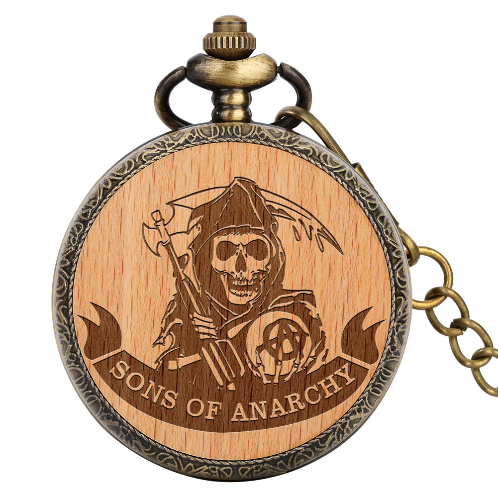 SONS OF ANARCHY Gravierte Quarz-Taschenuhr, Bronze-Holzgehäuse, antiker Anhänger, Kette, Halskette, exquisiter Taschenuhr für Männer
