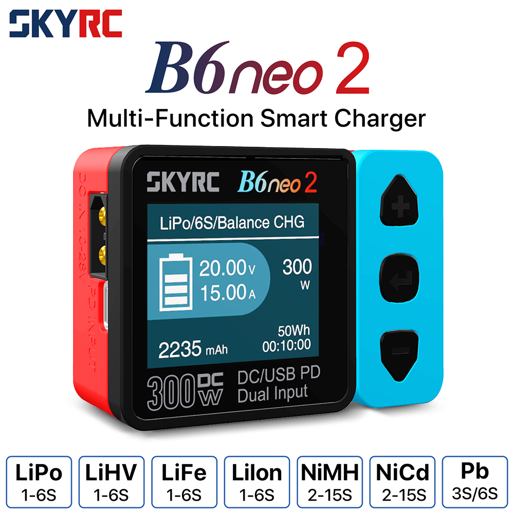 เครื่องชาร์จแบตเตอรี่อัจฉริยะ NEW SKYRC B6neo 2 แบบมัลติฟังก์ชั่น รองรับ DC 300W PD 80W สำหรับแบตเตอรี่ LiPo/LiFe/Lilon/LiHV/NiMH/NiCd/Pb