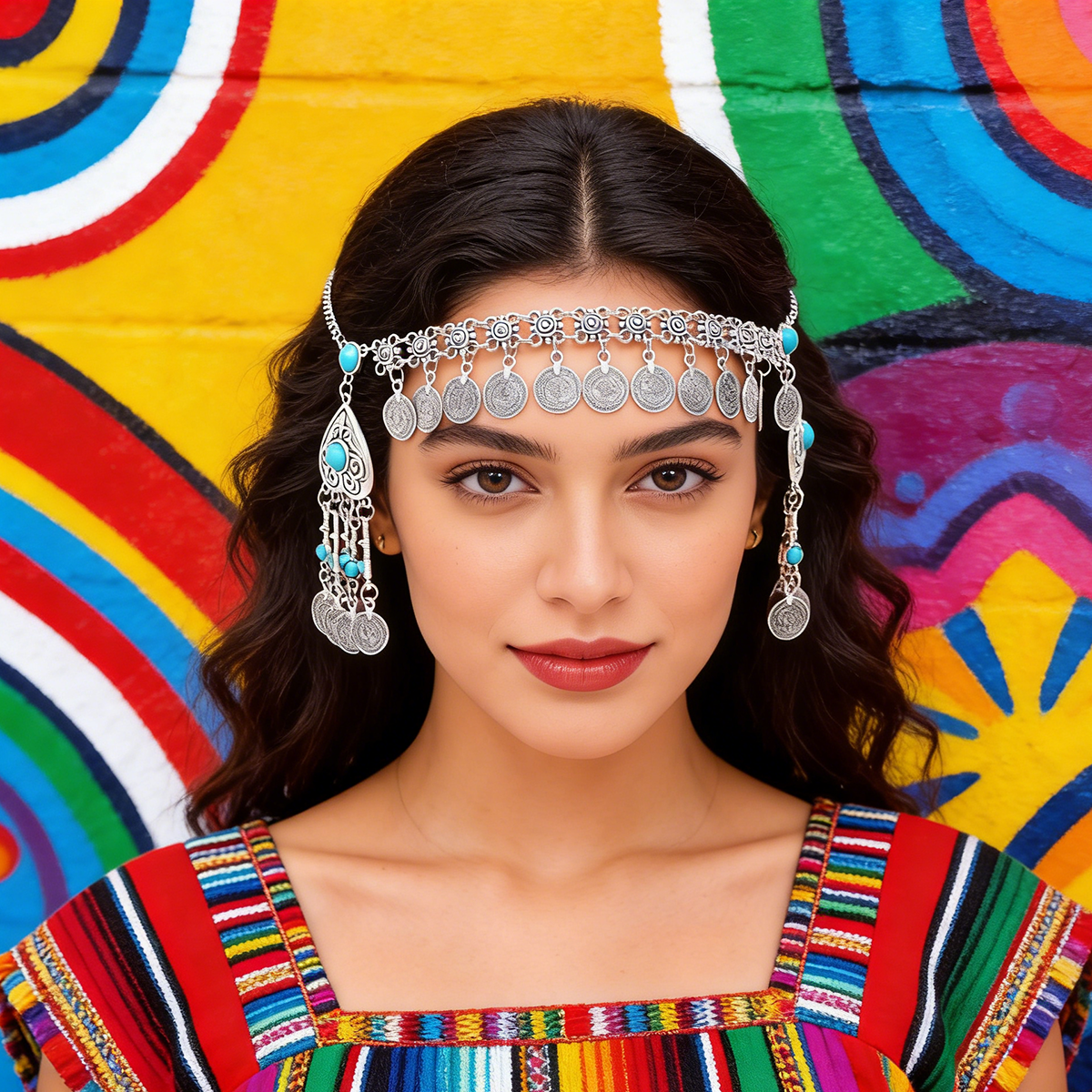 Ethnische Stirnkette Kasachstan Blumen Münze Tropfen Haarband Schmuck Reise Haarschmuck Haarquastenketten für Frauen