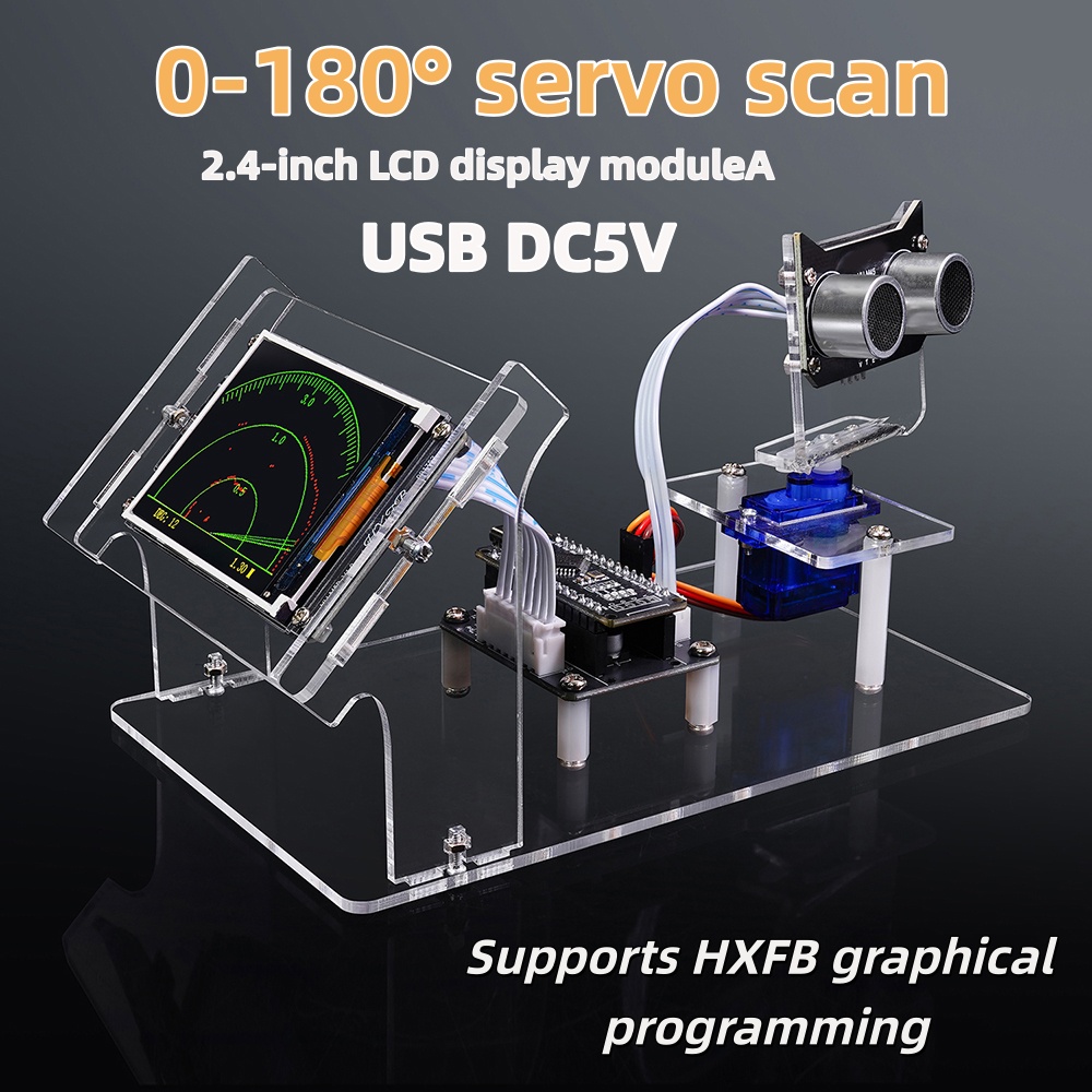 Комплект ультразвукового радарного сканера DC5V HXFB, плата для графического программирования, детали для DIY-проектов, 0-180° °   ЖК-дисплей с функцией сервосканирования и отображением данных в реальном времени