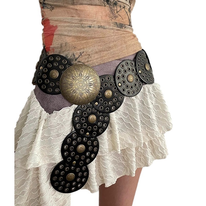 Western Cowboy Brede Gouden Klinknagel Steampunk Cirkels Pu Lederen Tailleband Vintage Grote Ronde Gesp Taille Riem Gordel Voor Vrouwen