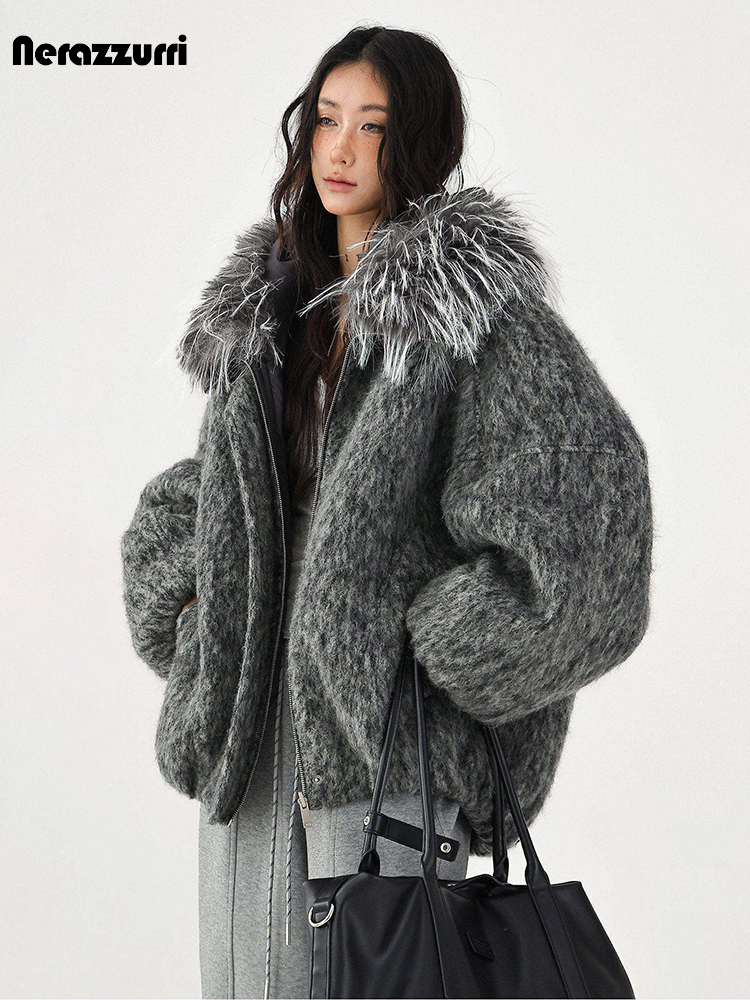 Nerazzur Autumn Winter Warm Grey Oversized Quilted Wool & blends Coat for Women with Faux Fur Trim Hood Loose Casual Woolen Coat