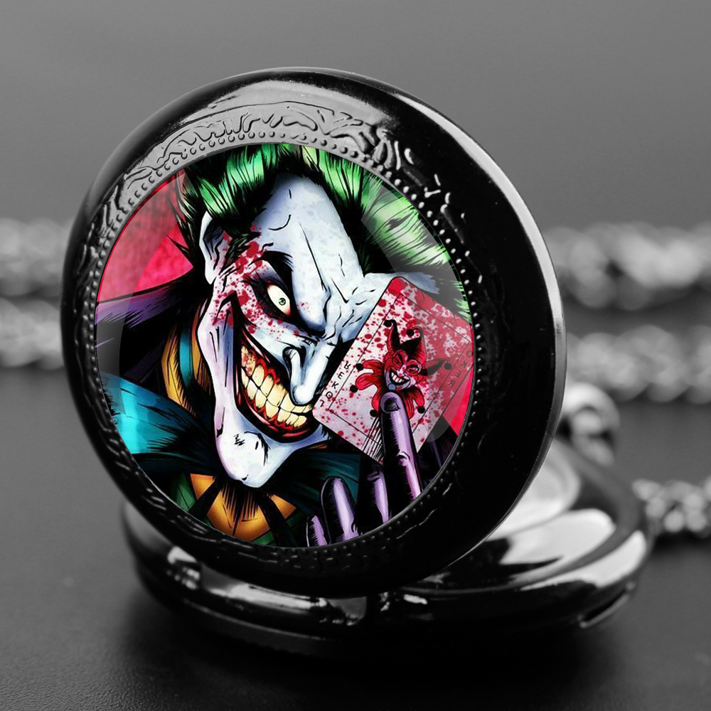 Joker Design szklana kopuła kwarcowy zegarek kieszonkowy z trwałym łańcuszkiem tarcza z cyframi arabskimi dla mężczyzn i kobiet kreatywne prezenty