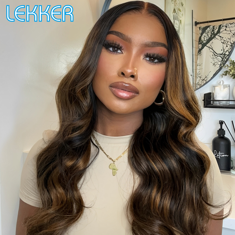 Lekker Colored Long Wavy 4x4 Lace Closure 100% Human Hair Wigs For Women Brazilian Remy Hair Glueless Body Wave Highlight Wigs
