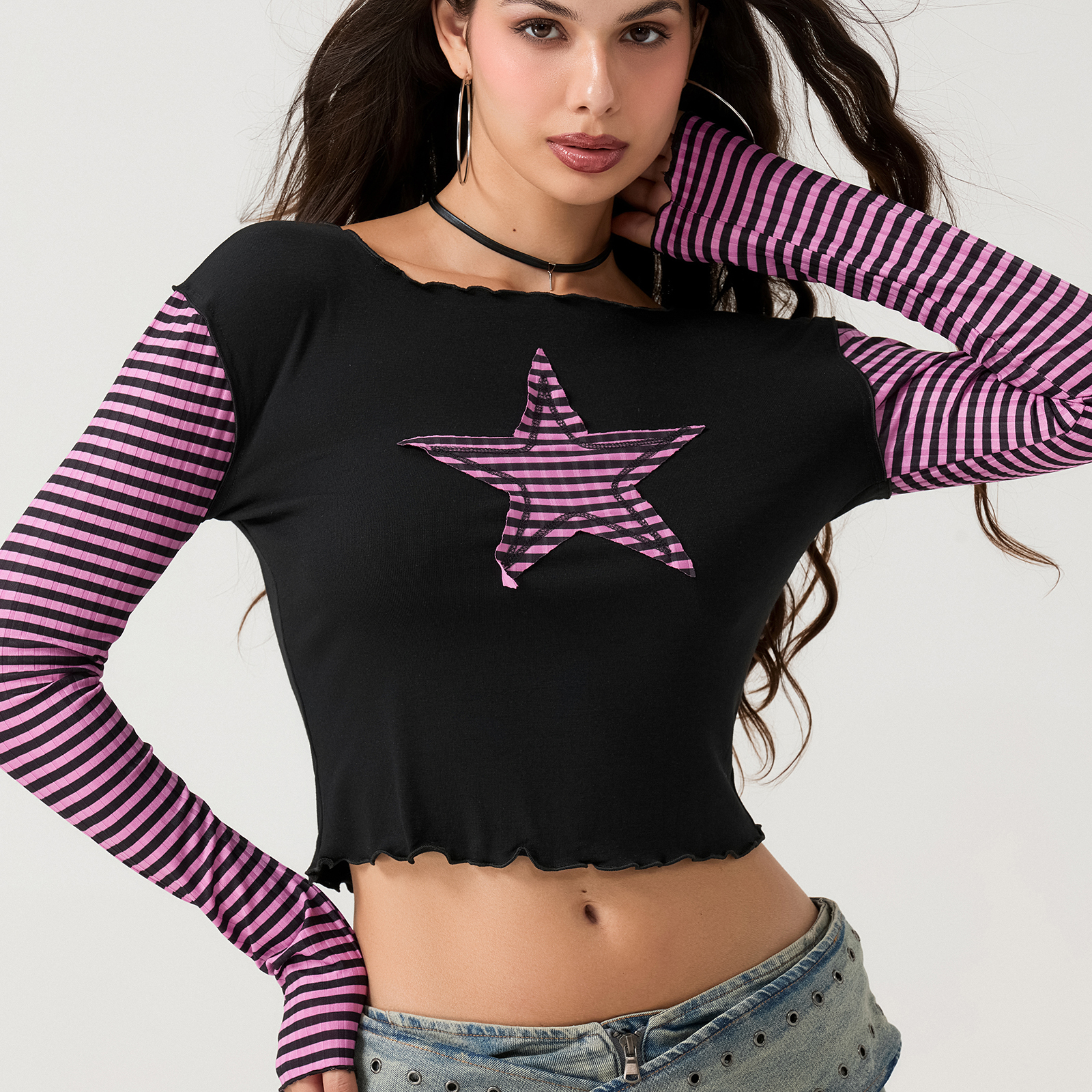 Camiseta ajustada de estilo Punk para mujer, Tops de manga larga con cuello redondo a rayas de estrella, retales para mujer, informal, diario, principios de otoño