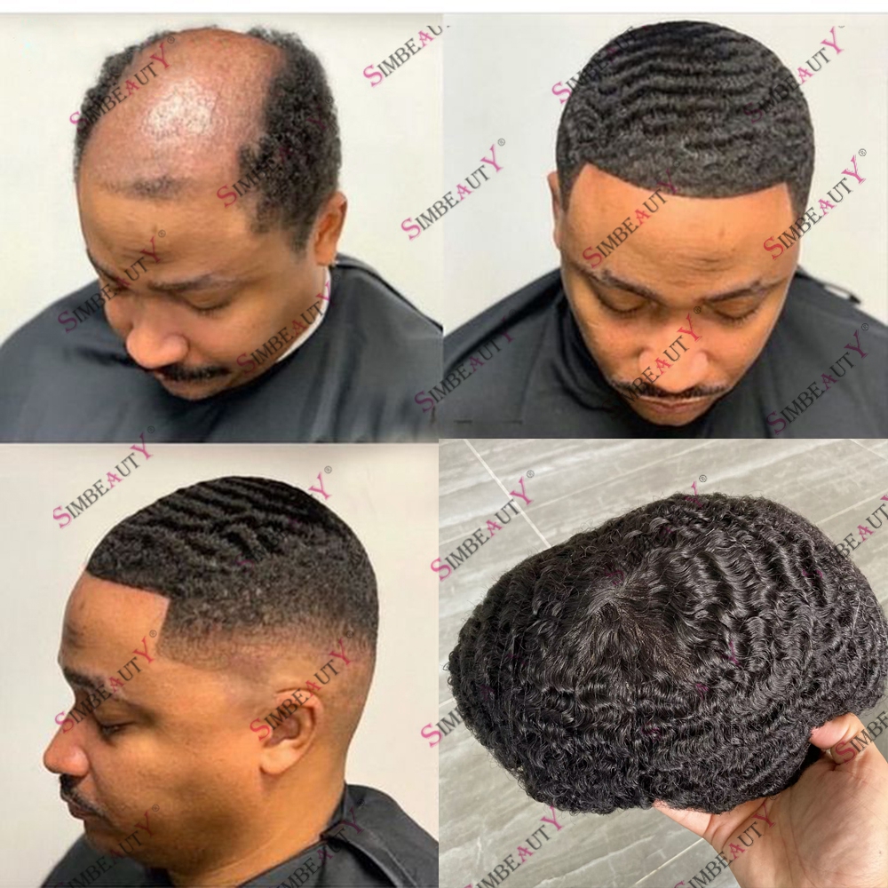 Hitam rambut manusia pria NPU tahan lama pengganti rambut Sistem prostesis 10MM gelombang dalam gaya rambut Afro rambut palsu pria