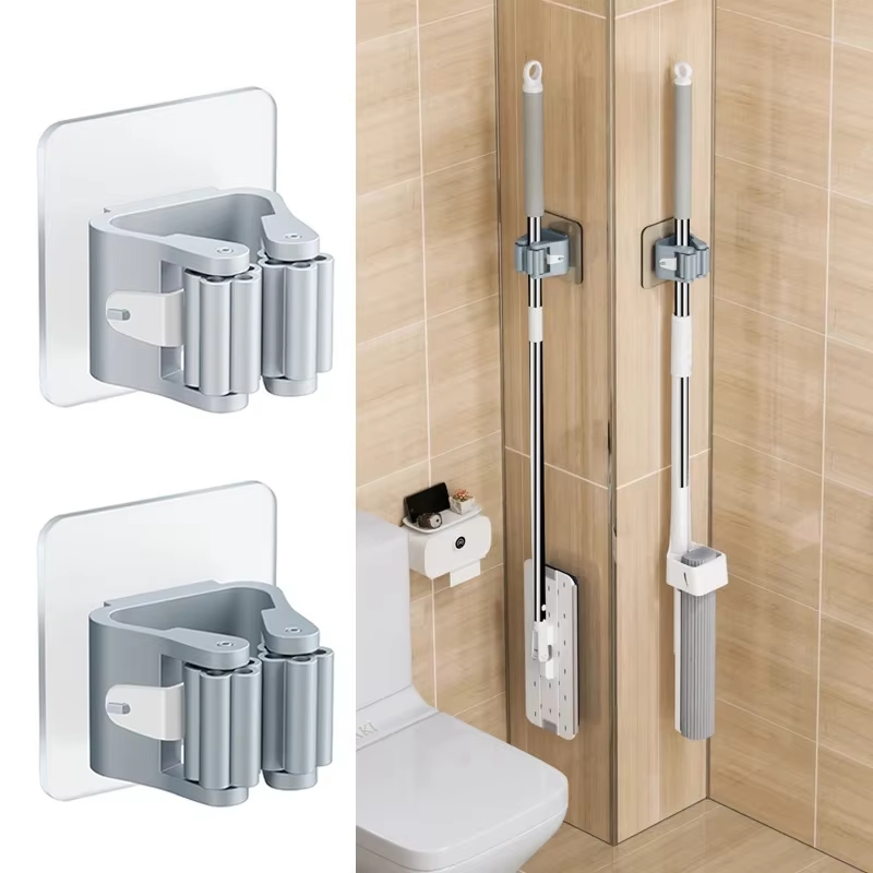 Gray Bathroom Storage Rack Mop Clip Wall Hanging Mop Rack Mop Holder Wall Mounted Mop Organizer Broom Hanger Self Adhesive Hooks