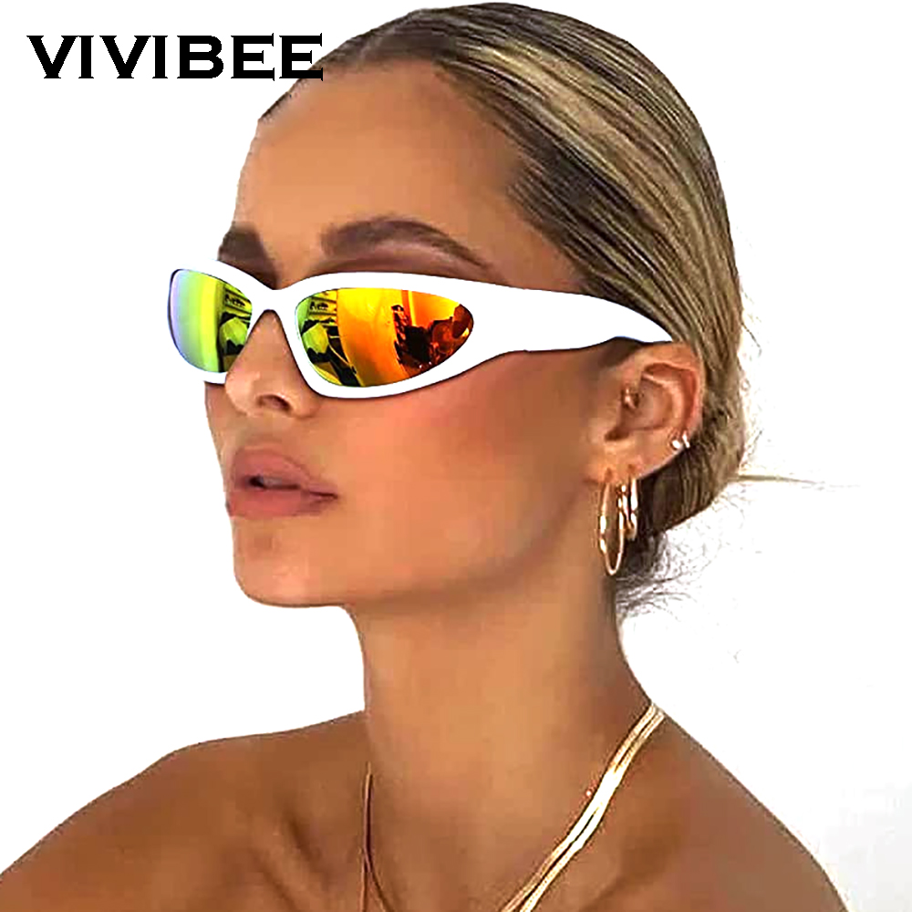 VIVIBEE Y2K Sonnenbrille für Damen, Steampunk-Spiegelgläser, Weiß, Sport-Schutzbrille, UV400, Punk-Sonnenbrille, Trendprodukt 2026