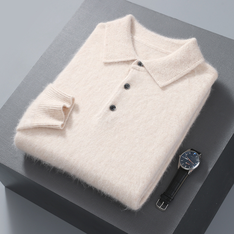 เสื้อกันหนาวผู้ชายเสื้อโปโลคอ 100% Mink Cashmereถักเสื้อกันหนาวสบายๆหลวมขนาดใหญ่แขนยาว 23 ฤดูหนาวเกาหลีรุ่น