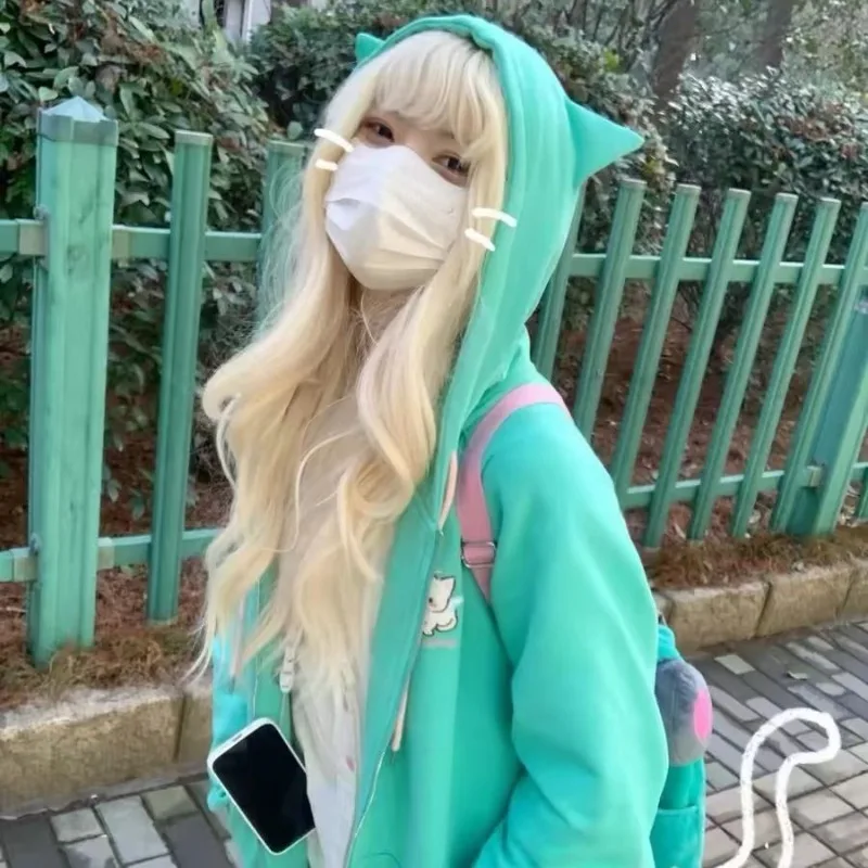 Sweat à capuche avec broderie de chat de dessin animé américain pour femmes, cardigan Y2K, sweat à capuche avec fermeture éclair, streetwear esthétique, manteau grunge doux Y-Harajuku