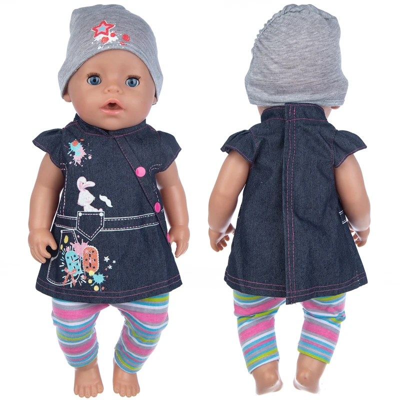 17" Babypuppenkleidung Hut Strumpfhosen Leggings 43cm Babypuppen Denim Kleid Spielzeug trägt Kinder Geschenke