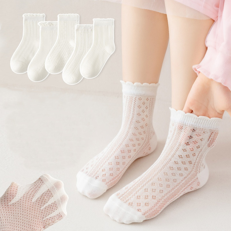5 pares/lote branco crianças meias de malha para meninas verão fino respirável menina meias doce moda princesa renda meia novo 2-12year