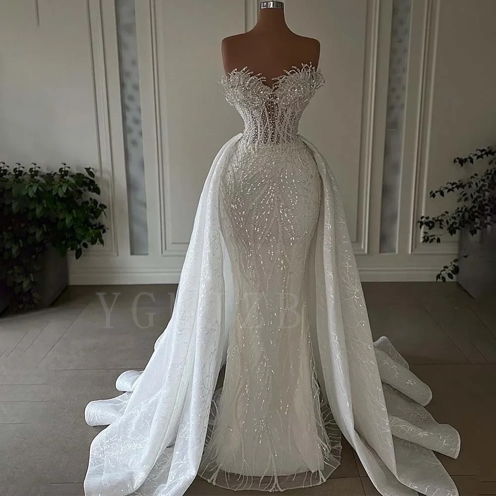 Robes de mariée sirène luxueuses 2025, sans bretelles, dentelle perlée lourde, 2 en 1, jupes détachables, robe de mariée personnalisée