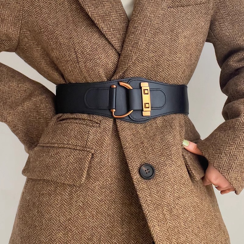 Vestido decorativo con cinturón ancho para mujer, traje elástico coreano negro de otoño e invierno, suéter con sello en la cintura, moderno y versátil
