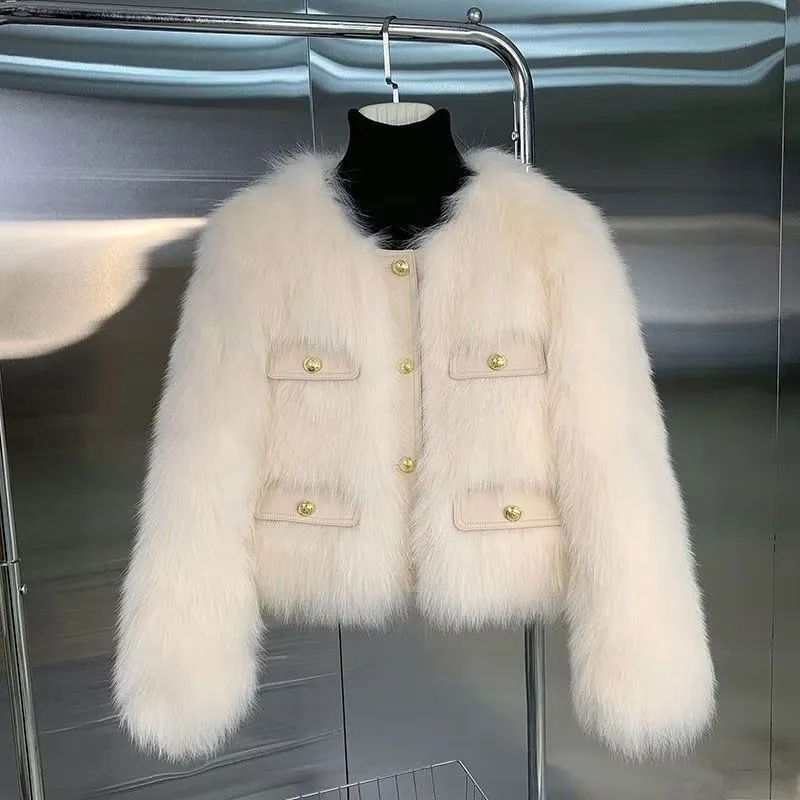Elegante Faux Pelz Jacke Frauen Herbst Winter Warme Dicke Oansatz Taste Solide Outwear Mode High Street Imitation Fuchs Pelz Dame Mantel