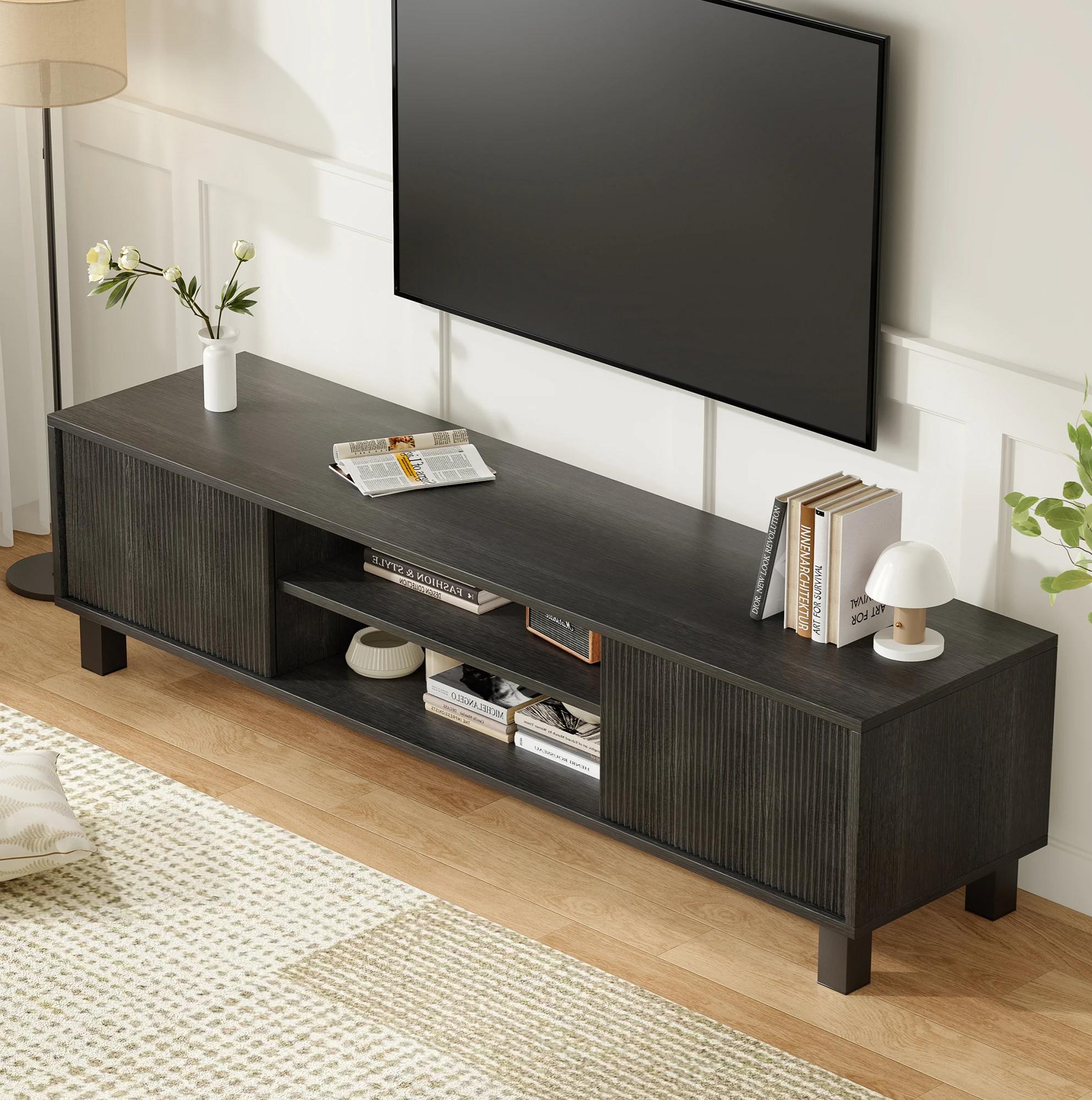 Moderne houten tv-meubel voor tv's tot 70 inch, groot entertainmentcenter met opbergruimte & open planken, mediameubel voor de woonkamer