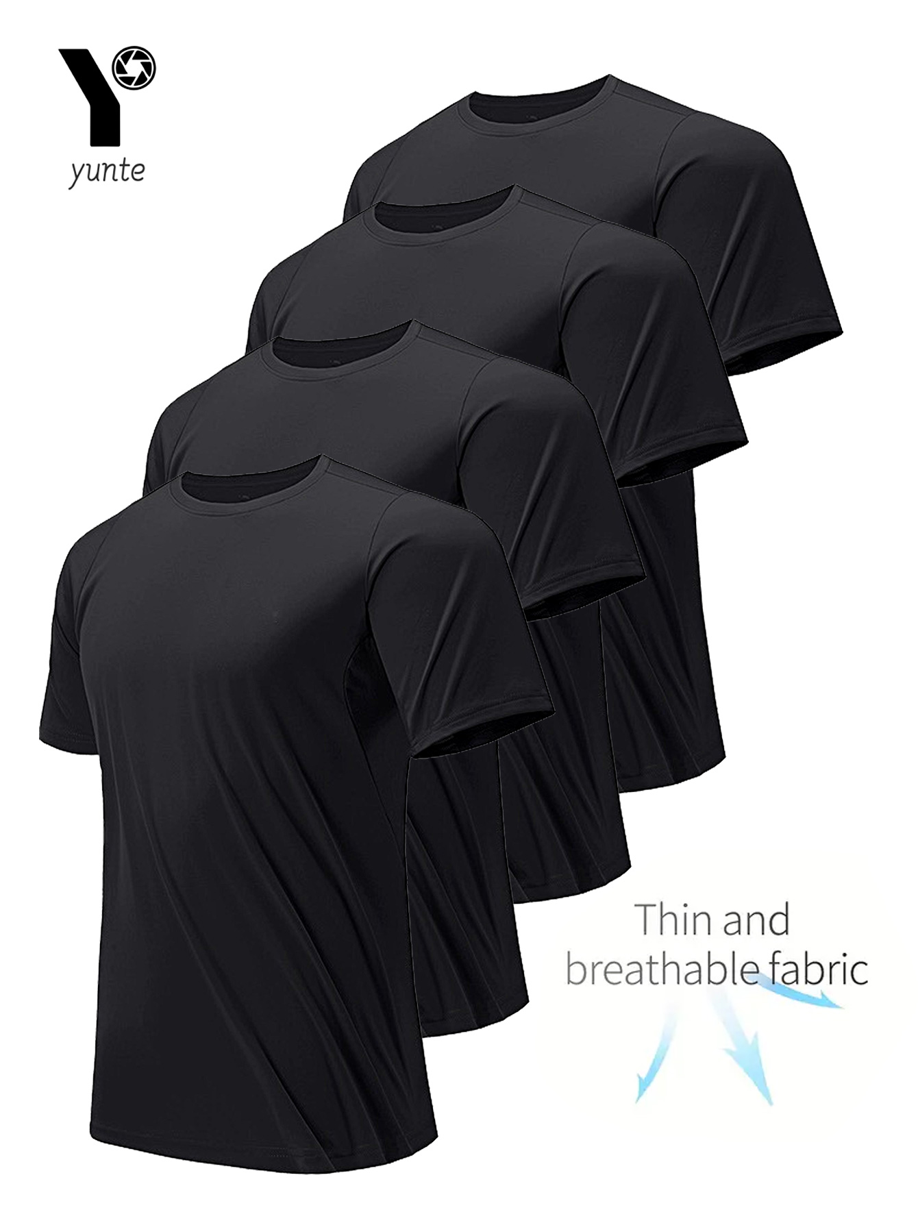 Camiseta de cuello redondo, paquete de 4, camisa negra ultraligera de secado rápido para hombre, transpirable, absorbente del sudor, adecuada para fitness, gimnasio y correr