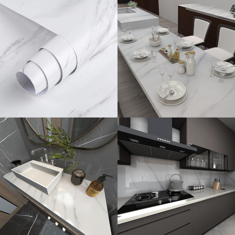 Extra Wide 31.5x315 Inch White and Grey Marble Granite Look Waterproof Peel and Stick Countertop Contact Paper for Kitchen and B