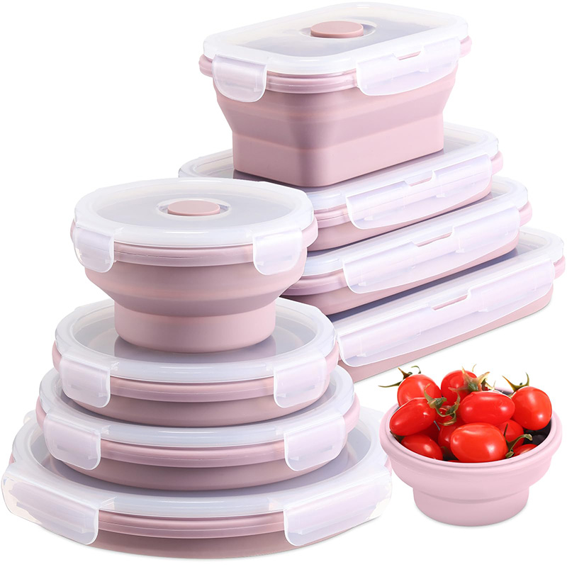 Zusammenklappbare Vorratsbehälter für Lebensmittel, faltbare Silikon-Lunchbehälter mit Deckel, rechteckige zusammenklappbare Schüsseln, runde Lebensmittelschüsseln