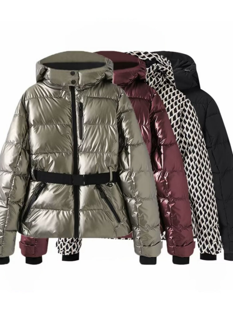 2025 moda mujer invierno con capucha abrigos acolchados de cintura alta con cinturón señora elegante espesar bolsillos cálidos chaquetas de esquí a prueba de viento