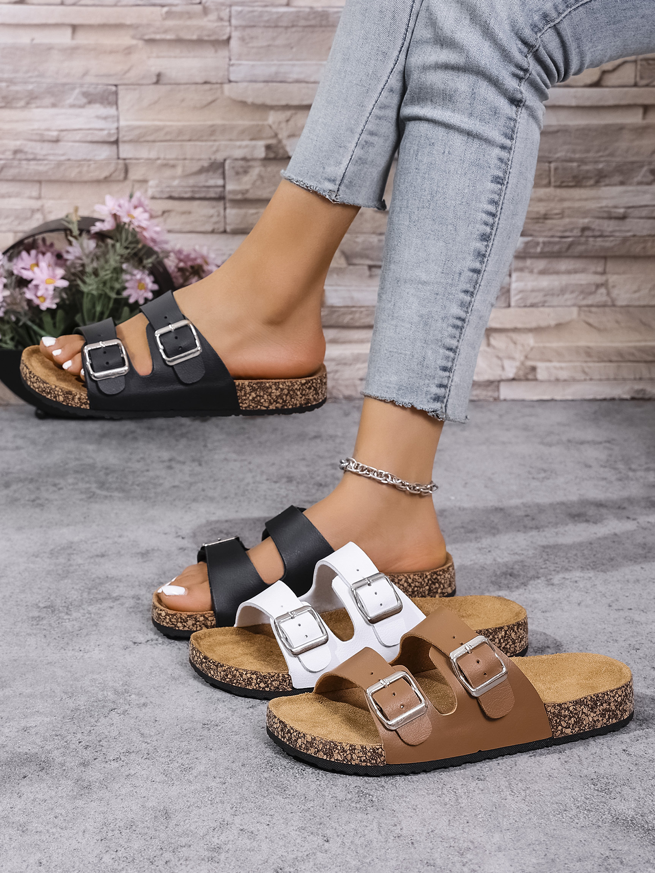 Sandali da donna estivi e primaverili/autunnali casual con fibbia, motivo in sughero, regolabili, in PU, piatti, slip-on, a doppia fascia, per casa e attività all'aperto