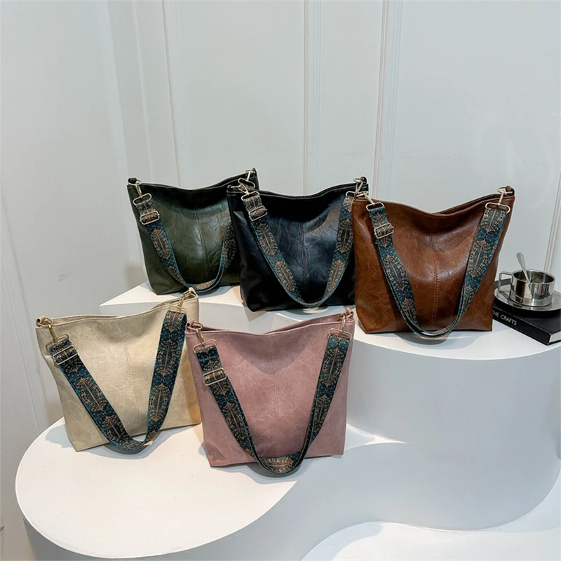 Borsa a tracolla retrò da donna in PU di grande capacità, borsa a tracolla alla moda, semplice borsa a secchiello per pendolari casual