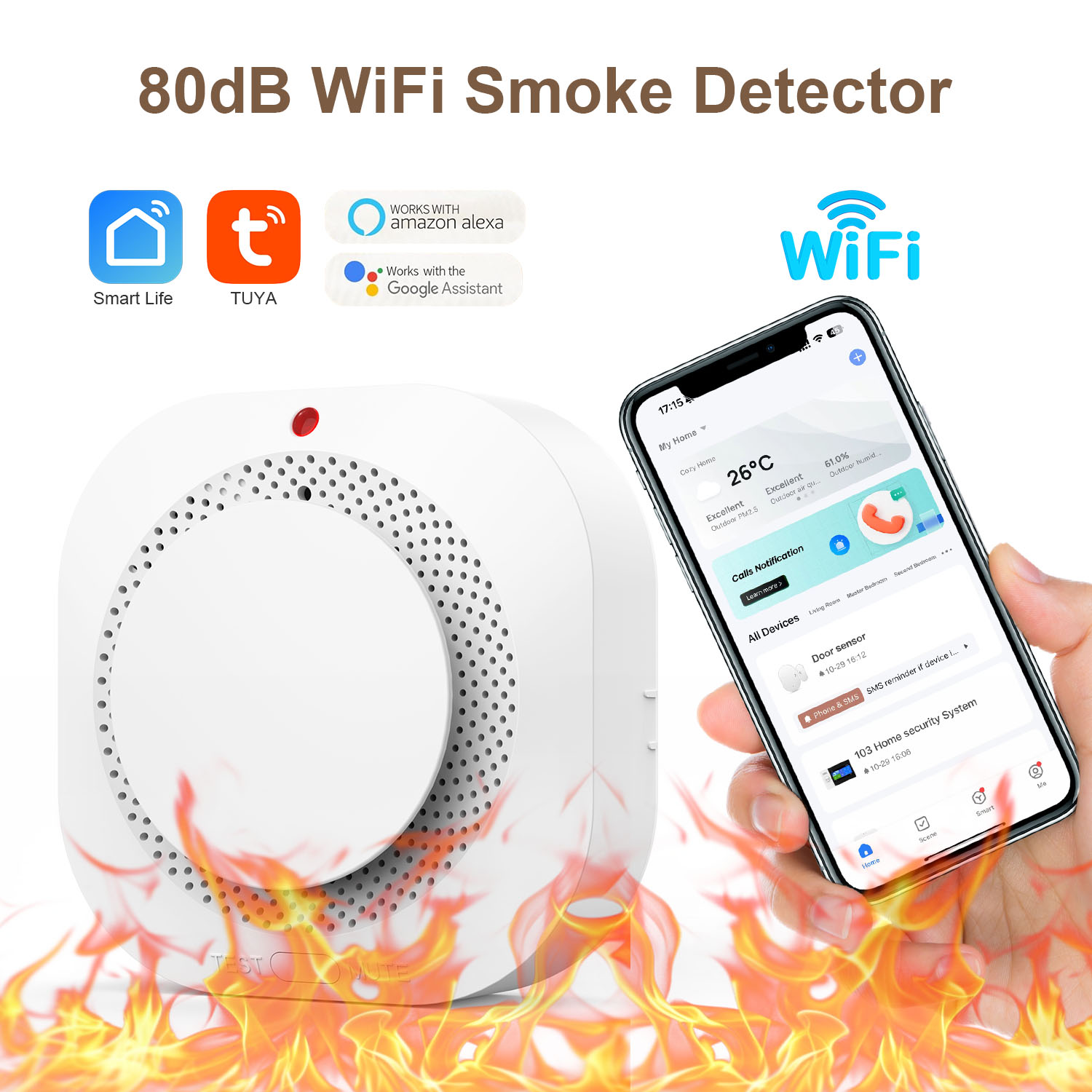 Sensor de fumaça de proteção contra incêndio wi-fi, detector de alarme, aplicativo smart life e controle de aplicativo inteligente tuya, funciona com alexa e google assistant