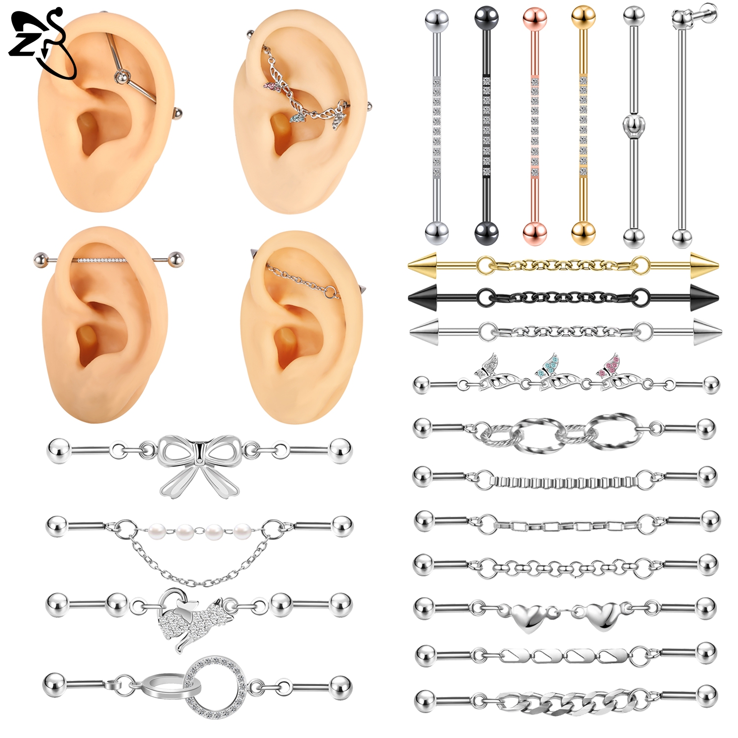 ZS 1 ชิ้น 14/16G สแตนเลสสตีลยาวอุตสาหกรรม Barbell แหวน 22-52 มม.ผีเสื้อแมวกระดูกอ่อน Helix ต่างหูเจาะเครื่องประดับ