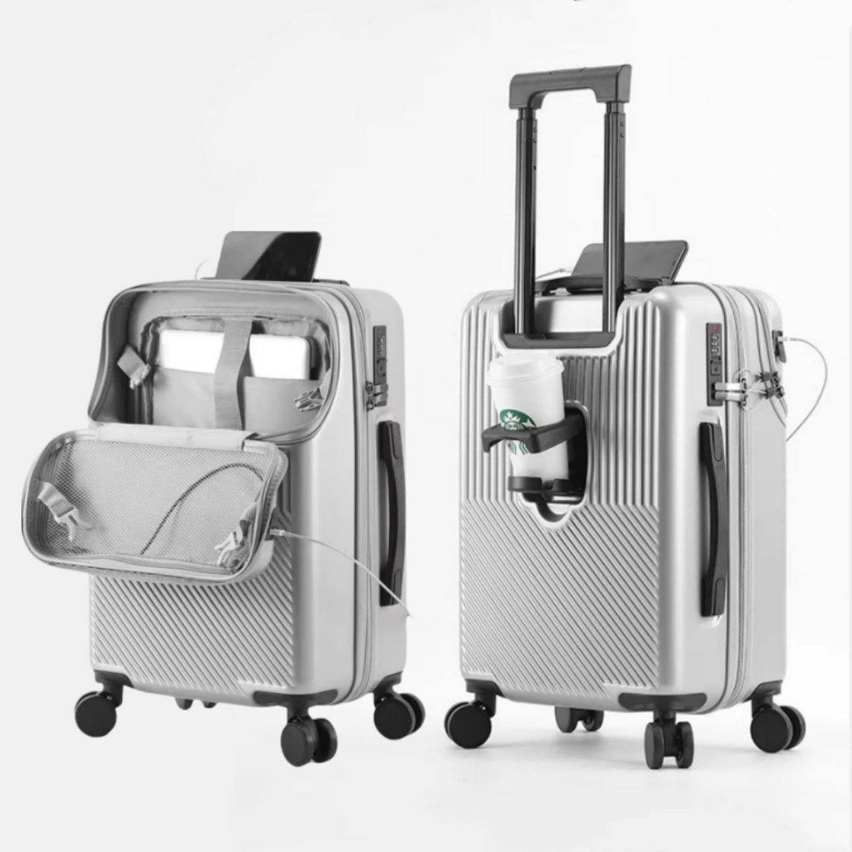 Zak met opening aan de voorkant Koffer Reisbagage Aluminium trolley ABS + PC-koffertas met spinnerwiel USB-oplaadpoort