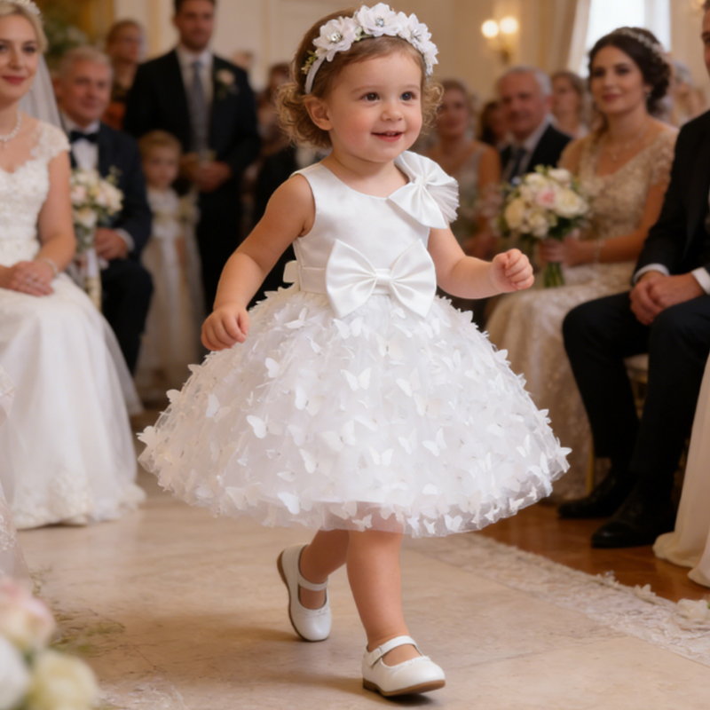 Robe blanche pour filles, robe Tutu de mariage avec nœud papillon, à fleurs, robes de fête de 1er anniversaire avec bandeau