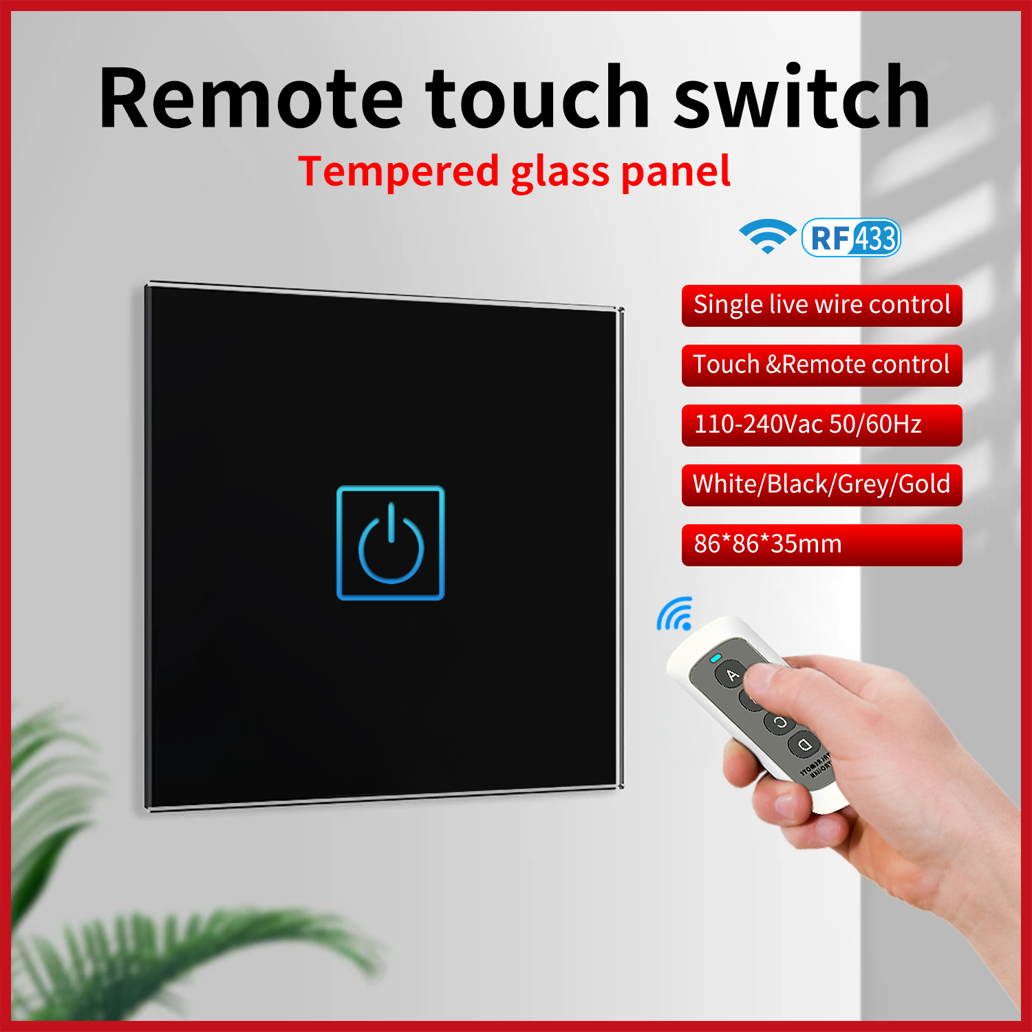 UBARO Pannello in cristallo temperato 433 Mhz Interruttore remoto wireless Sensore tattile da parete per luce Pulsante Manuel AC100-240V 1/2/3 Gang