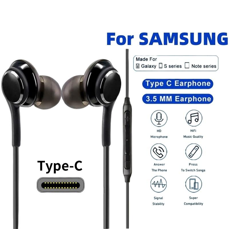 Auriculares con cable tipo C para Samsung Galaxy S24 S23 S22 auriculares internos de 3,5 MM A53 A52 Note 20 USB-C auriculares estéreo de graves HiFi