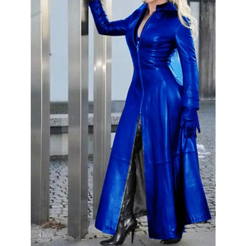 Feminino fino-ajuste zíper split grande casaco outono inverno falso couro trench coat feminino manga longa gola plutônio trench coat
