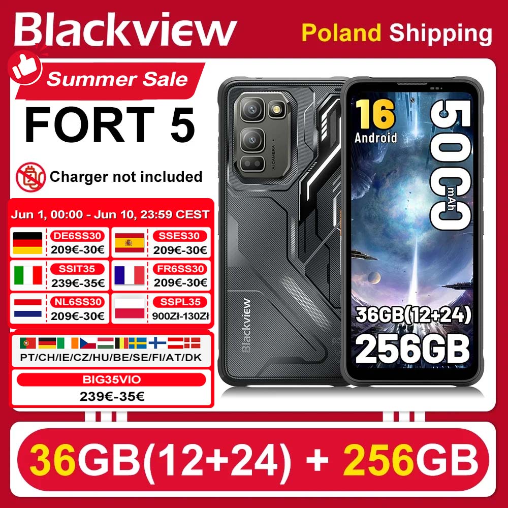 [Envío desde Polonia] [Sin cargador UE] Smartphone Resistente Blackview FORT 5, 36 GB (12+24) + 256 GB, Pantalla 6.78" HD+ IPS, Batería 5000 mAh