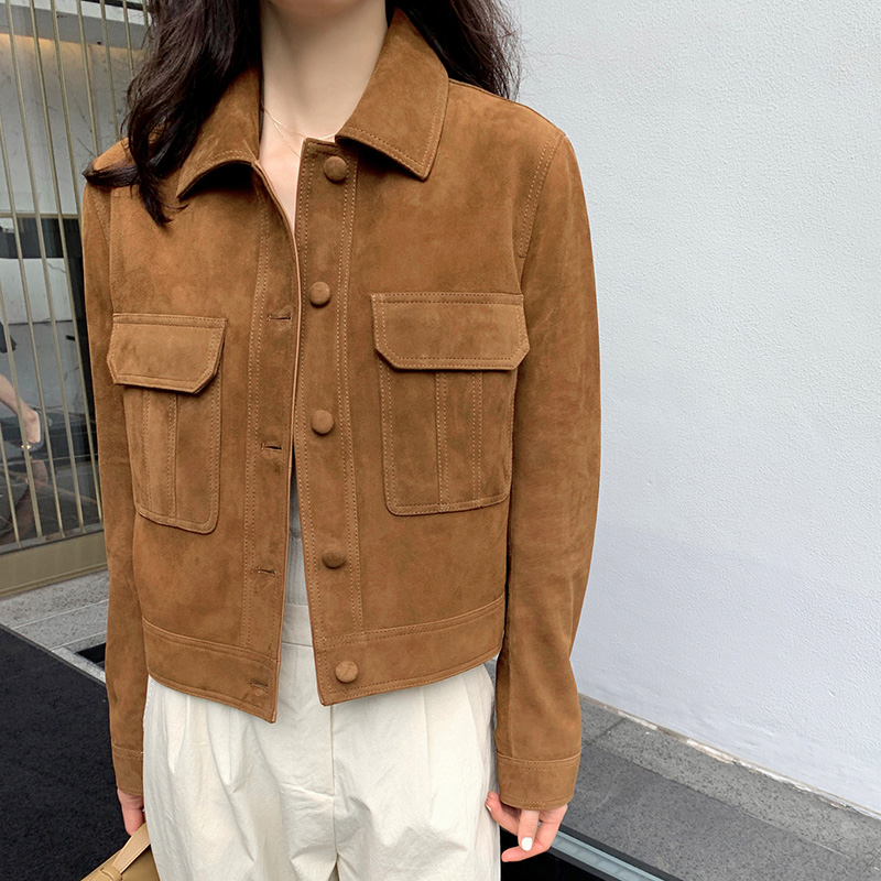 Jaqueta de camurça marrom clássica feminina, pele de carneiro genuína, peito único, parka vintage de manga longa, tops elegantes, TF5844, anos 70