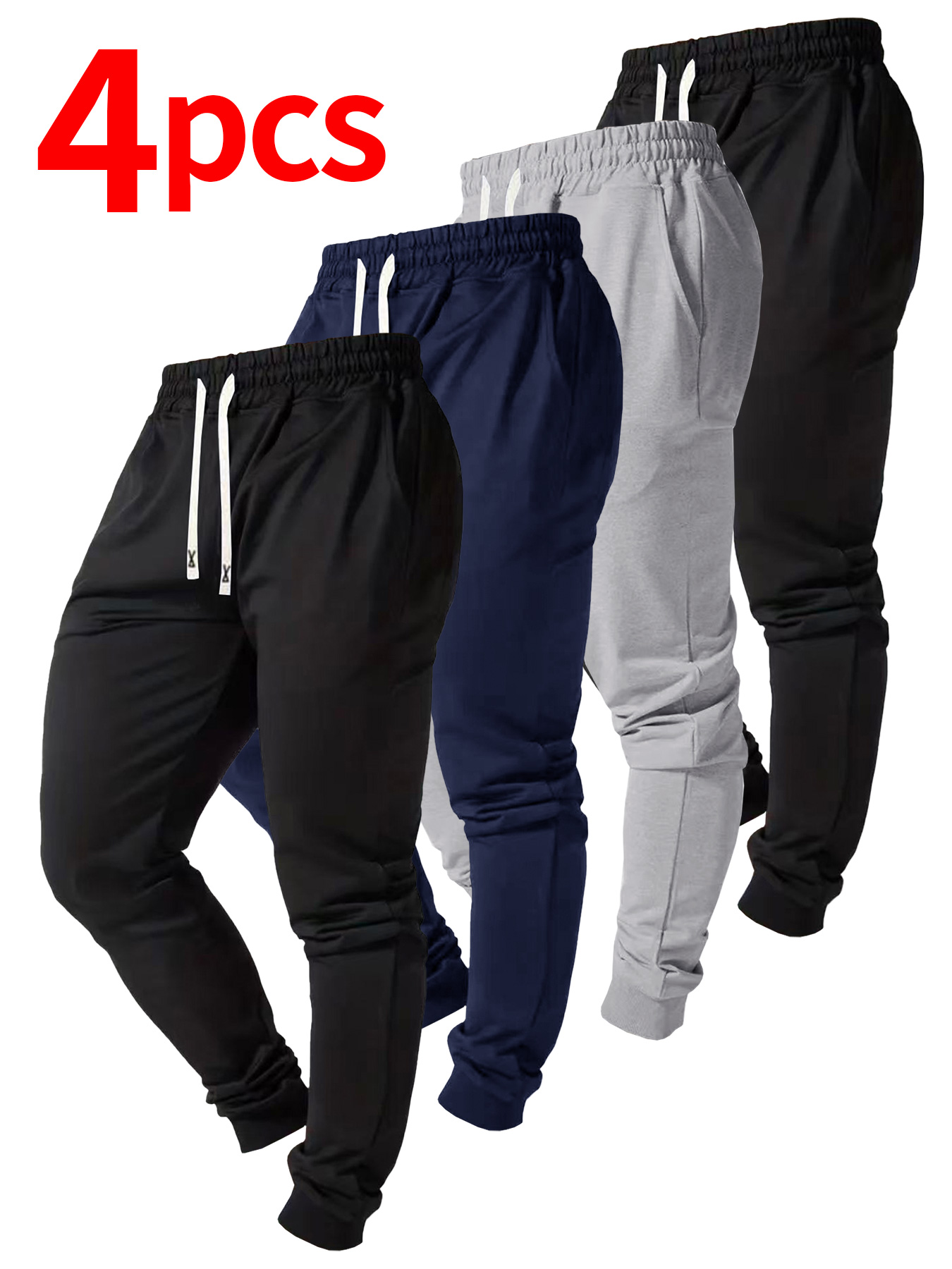 Calças casuais masculinas de 4 peças, calças esportivas de cor sólida, calças com tornozelo ligeiramente elástico, adequadas para corrida, fitness, esportes ao ar livre, etc.