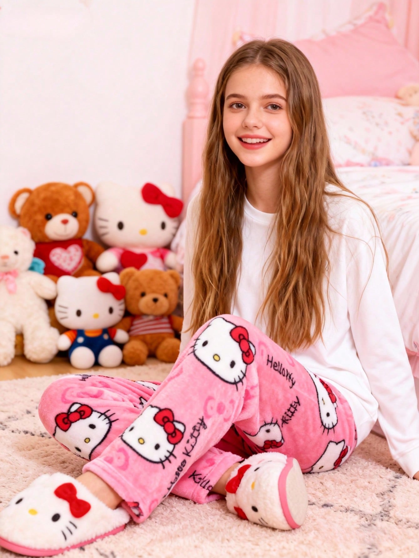 Sanrio children flannel thick and warm home pants for leisure and loose-fitting Girl's sleeping pants Hello Kitty cute print paj