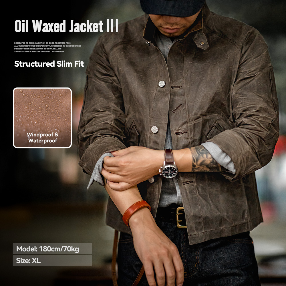 Maden Vintage Stand Collar Oil Waxed Jacket Ⅲ Version for Men's Waterproof  Canvas Solid Color Classic Hunting Coat for Autumn