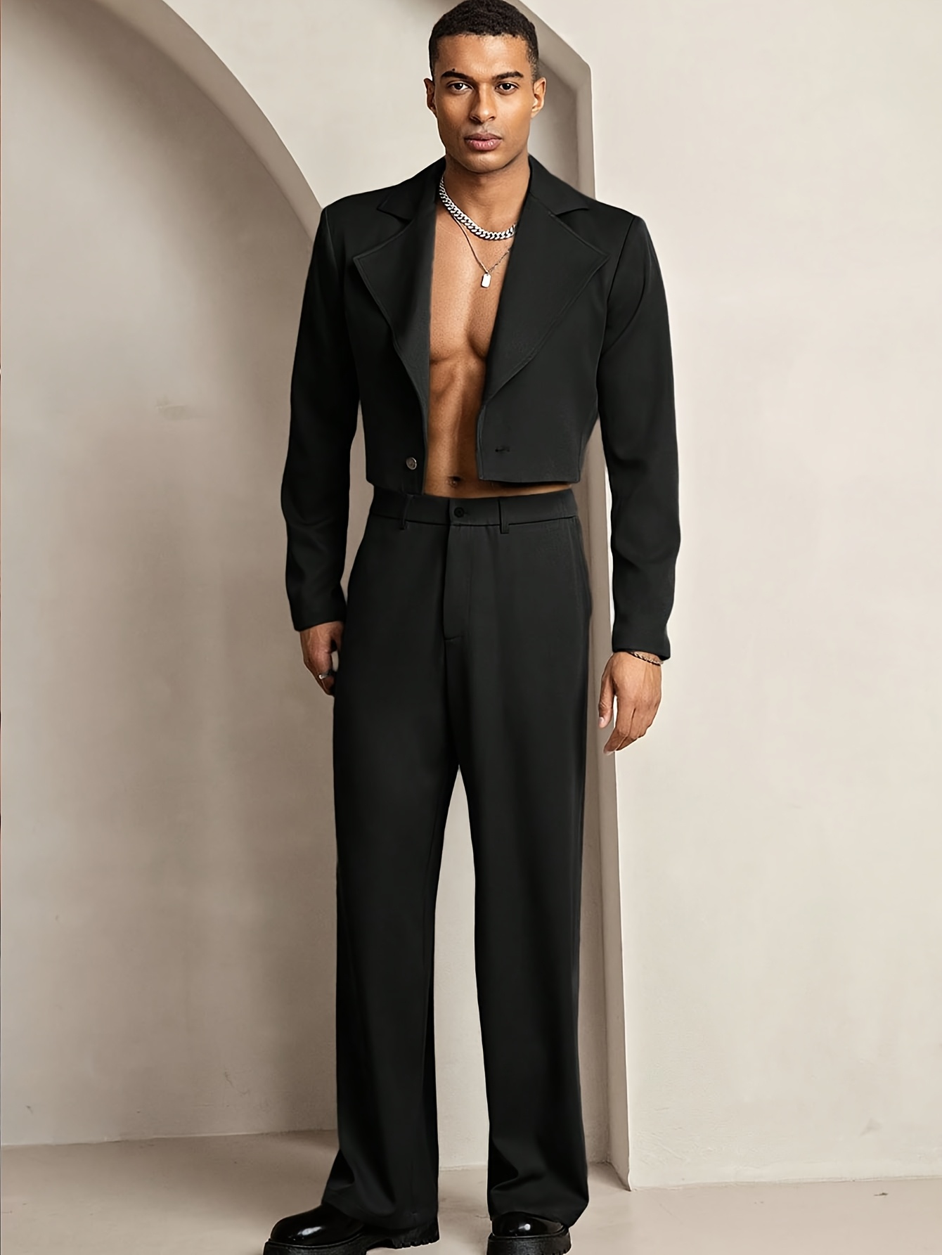 2026 New Men's Black Crop Blazer & Wide Leg Pants Formal Suit
