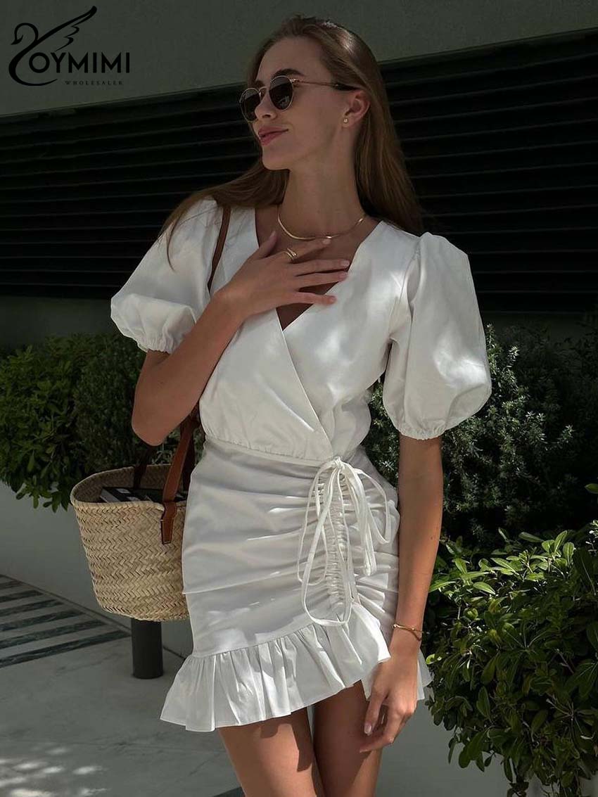 Oymimi-vestido informal de algodón blanco para mujer, vestidos elegantes con cuello en V y manga corta con cordones, minivestidos plisados de cintura alta a la moda