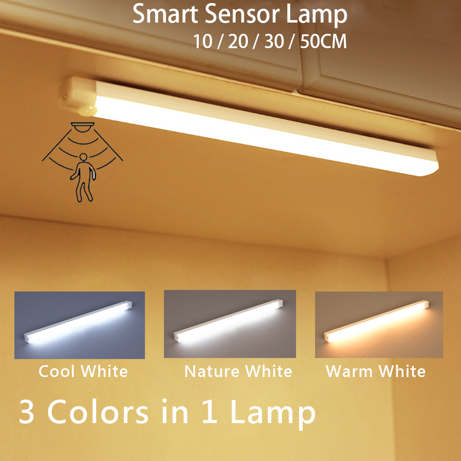 Luz LED nocturna inalámbrica con Sensor de movimiento, lámpara de barra de tira larga recargable por USB para armario de cocina, mesita de noche, tubo de escalera