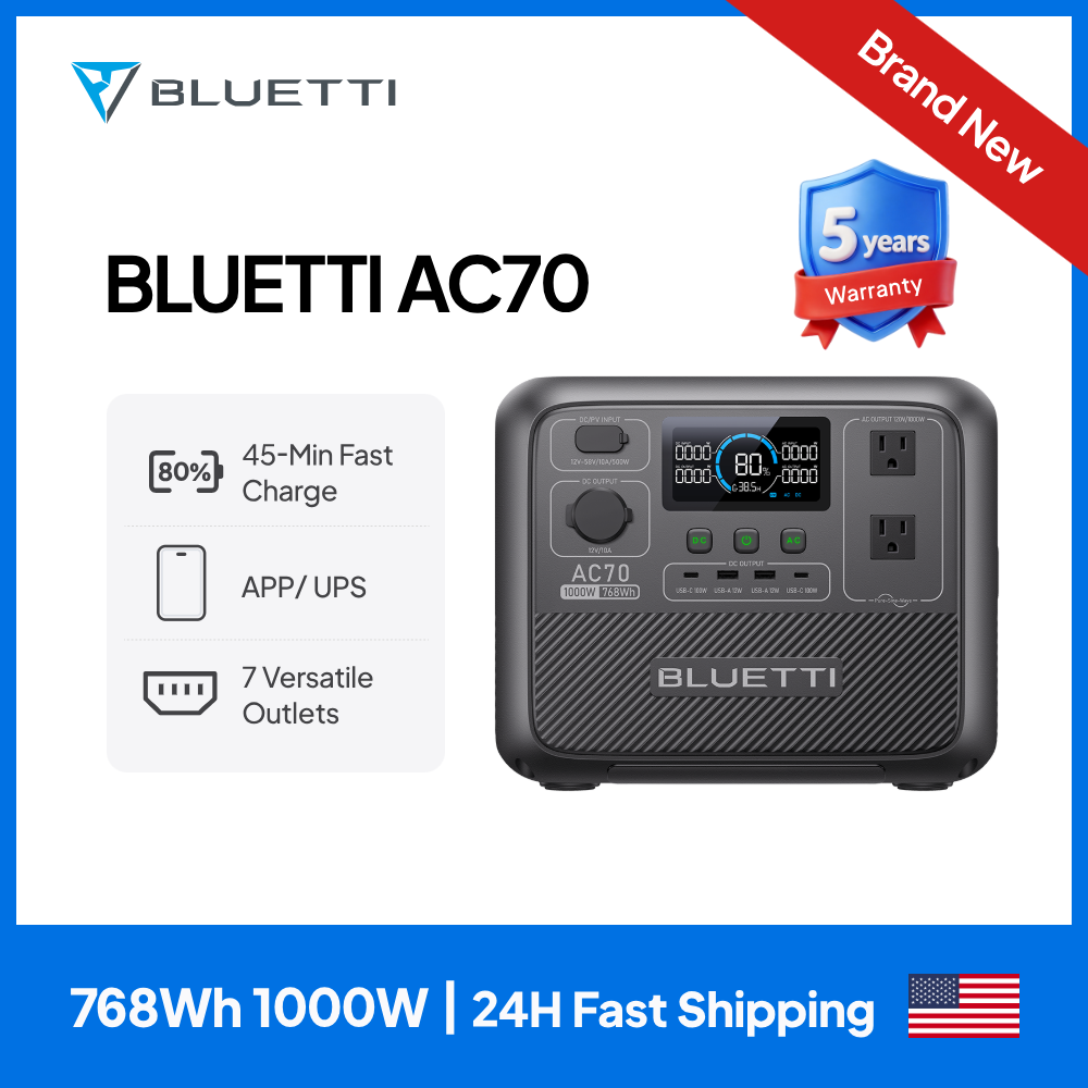 【US PLUG】Pentral eléctrica portátil BLUETTI AC70 |   1000W 768Wh, generador para viaje por carretera, fuera de la red, corte de energía